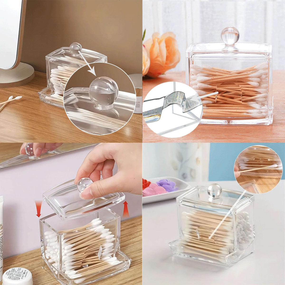 Acrylic Cotton Swab Holder Dispenser with Lid Cotton Pad Organizer – Transparent
