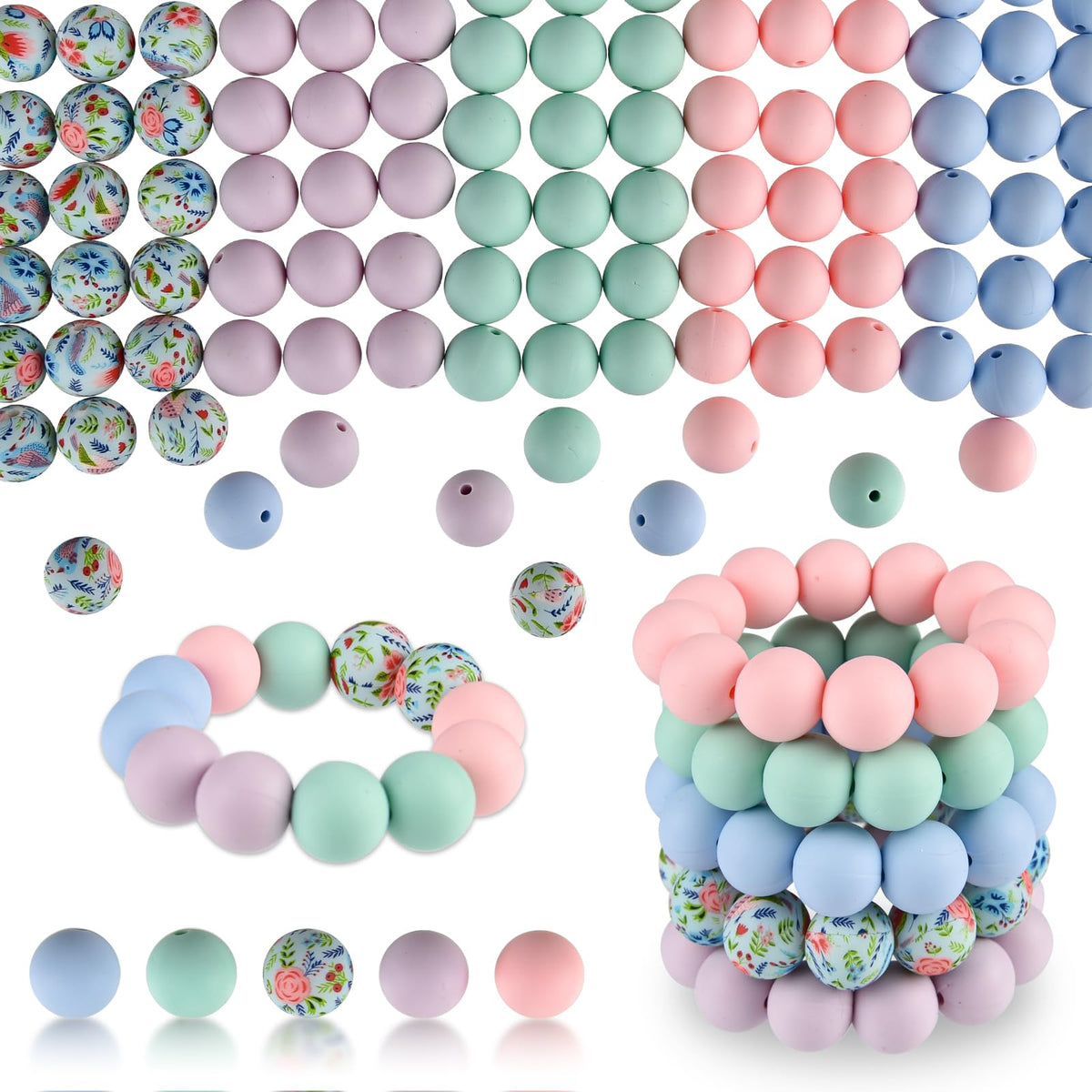 Mărgele rotunde din silicon 15 mm pentru brelocuri și brățări DIY, set 100 bucăți – Roz/Mov/Bleu