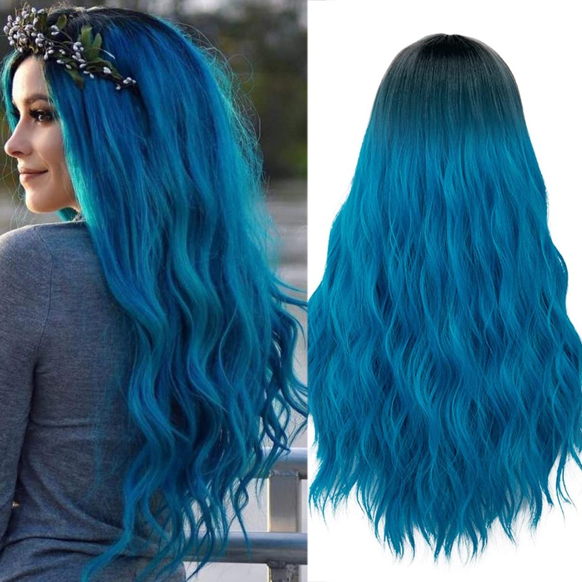 Women's Long Curly Wavy Wig Blue – Halloween