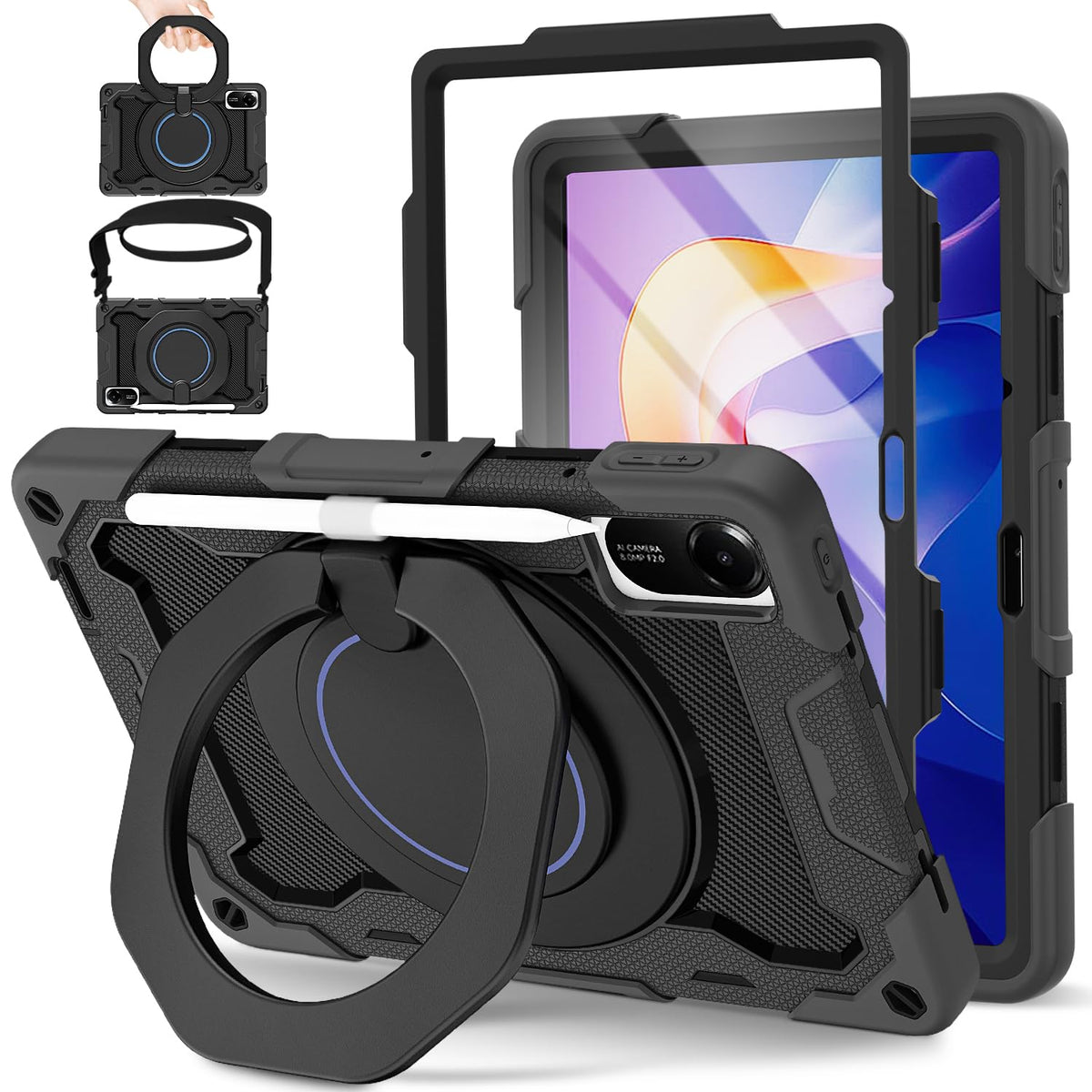 Xiaomi Redmi Pad 2 Case 11in Heavy Duty Shockproof with Screen Protector & 360° Rotating Stand – Black