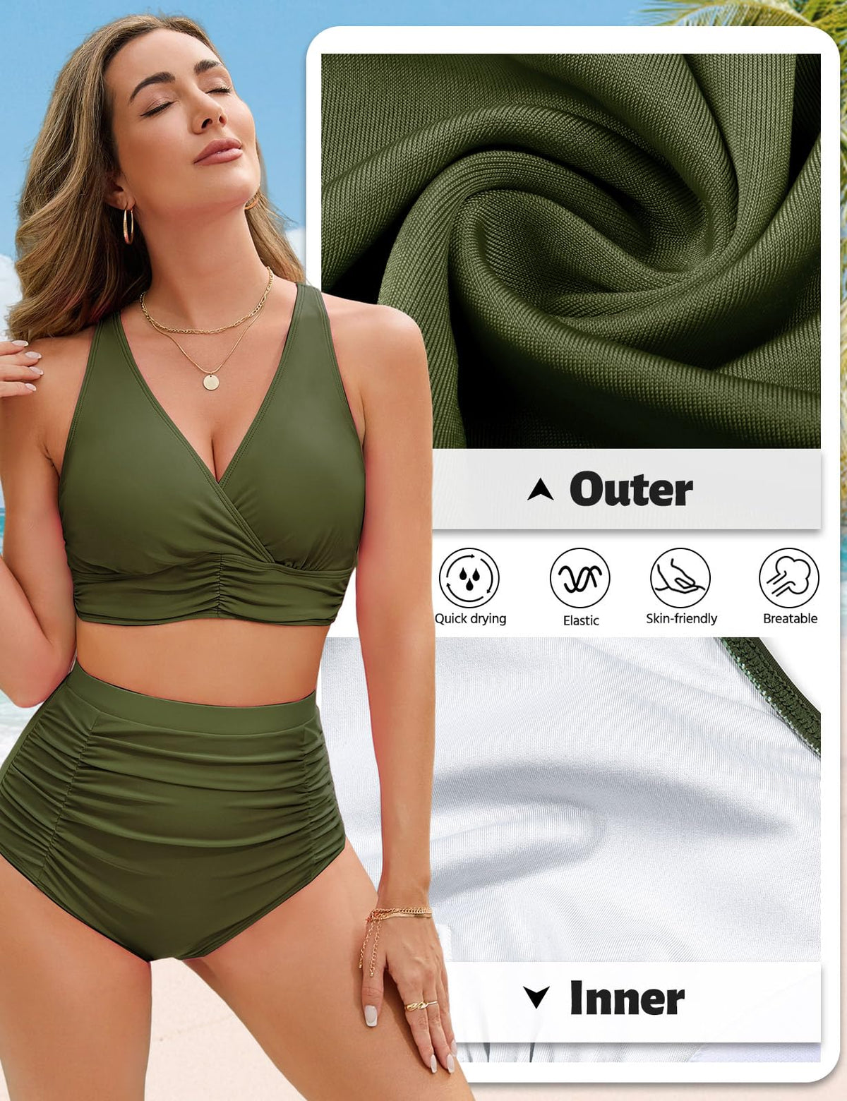 Costum de baie două piese damă Voqeen talie înaltă modelatoare cu bretele încrucișate push-up