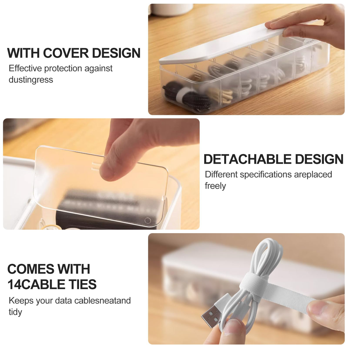 FRETONBA Cable Storage Box 2 Pack, Transparent Cable Organizer Box with 7 Compartments and 14 Cable Ties for Storage on the Desk (Office)