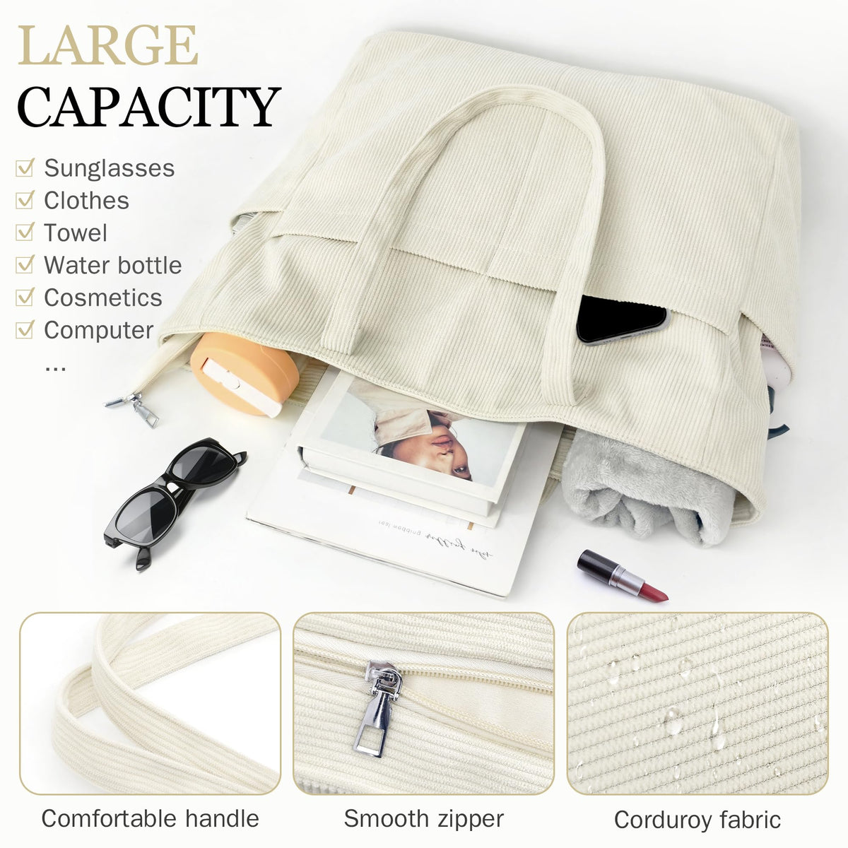 Cord Beach Bag XXL Zipper 17-inch Laptop Compartment – 25L