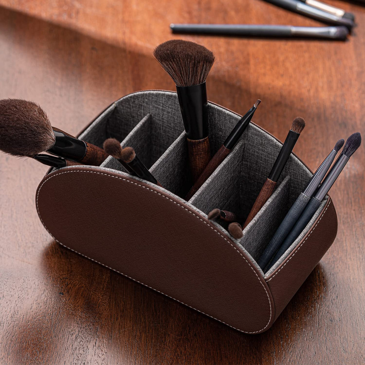 Remote Control Holder PU Leather Storage Box with 5 Compartments – Brown