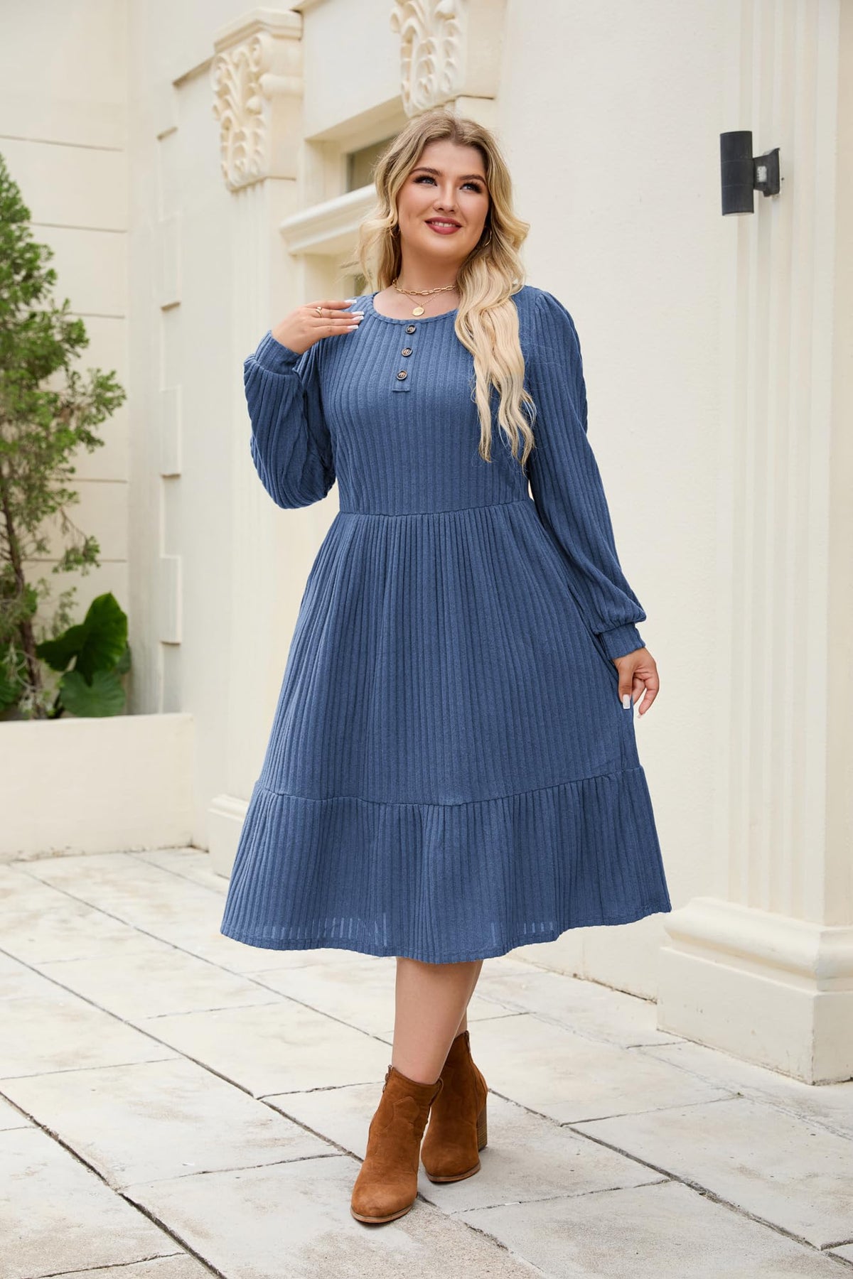 Women's Plus-Size Knit Sweater Dress A-Line Casual – Grey-Blue