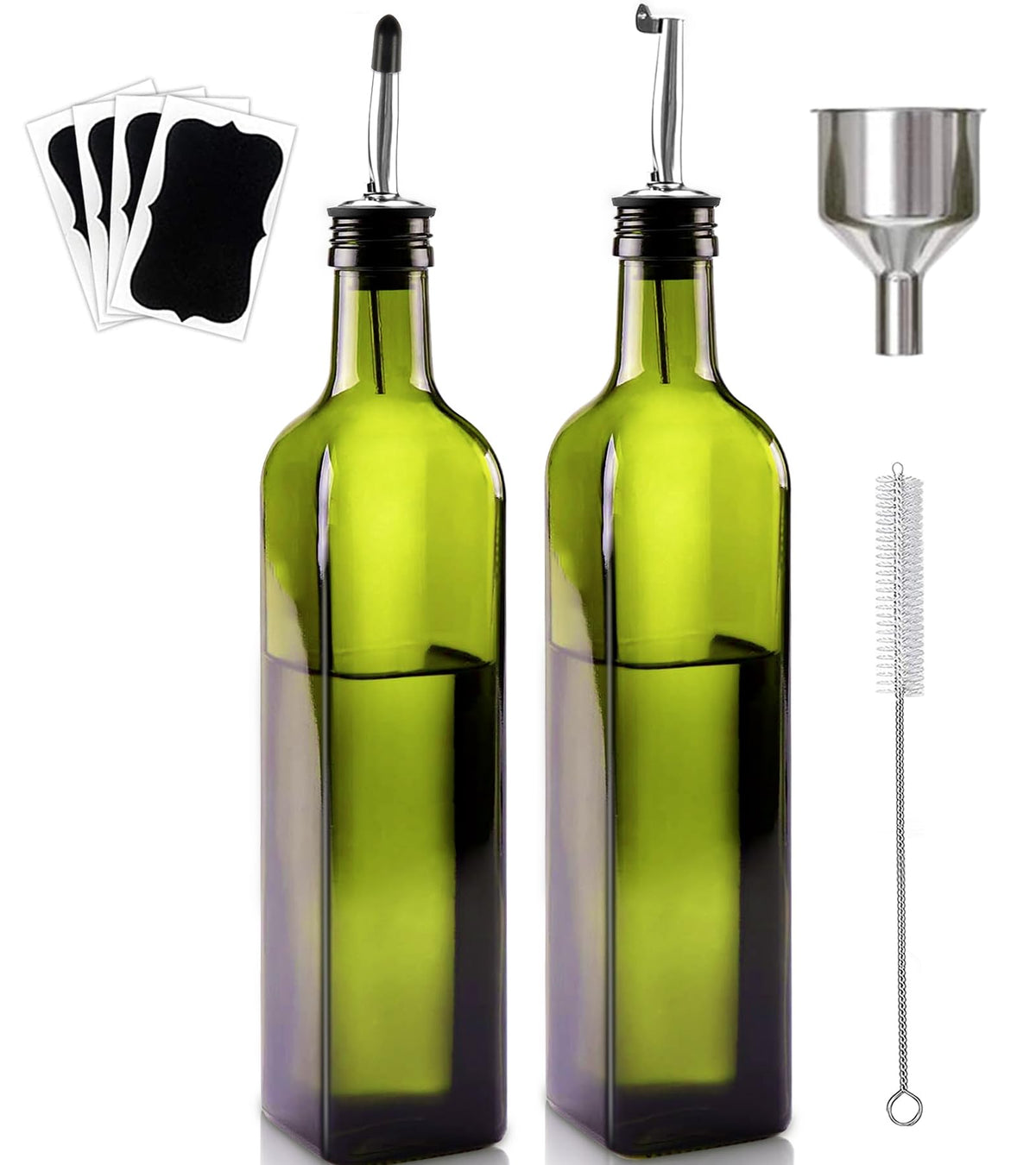 Oil & Vinegar Bottle Set 2×500ml Glass with Pourers Anti-Drip – Green