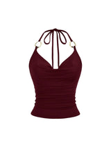 Women's Backless Halter Crop Top Ruched Y2K Waterfall Neck - Bordeaux L