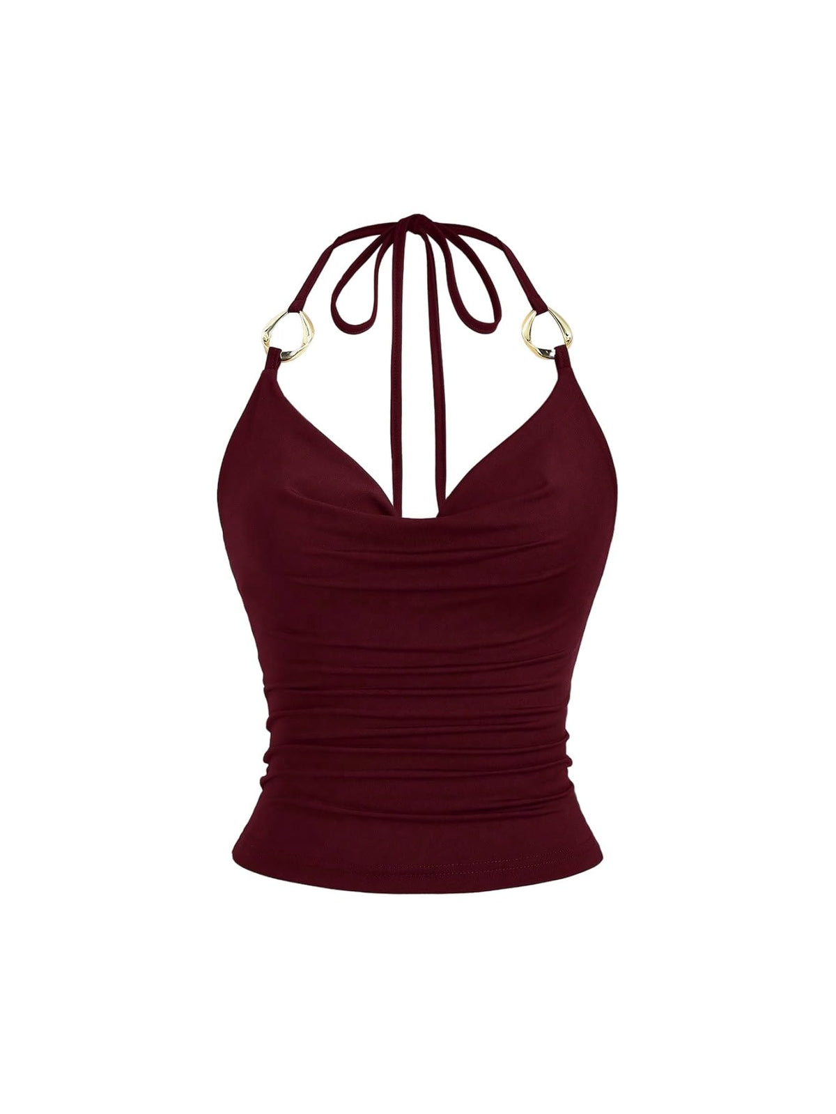 Women's Backless Halter Crop Top Ruched Y2K Waterfall Neck - Bordeaux L
