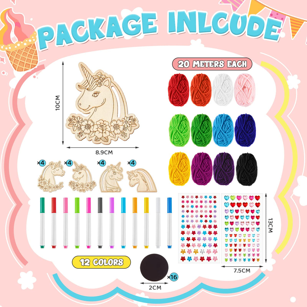 Harrycle 16 Set Wooden Unicorn Craft Set Children Unicorn Fridge Magnets Make Your Own Unicorn and Self-Adhesive Glitter Stones DIY Kit for Girls Boys Birthday Party Painting with the Family