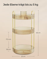 SONGMICS Rotating Makeup Organizer, Round Cosmetic Organizer, 3 Tiers, Adjustable Cosmetic Storage, for Dressing Table, Gift Idea, Champagne Gold JKA011A01