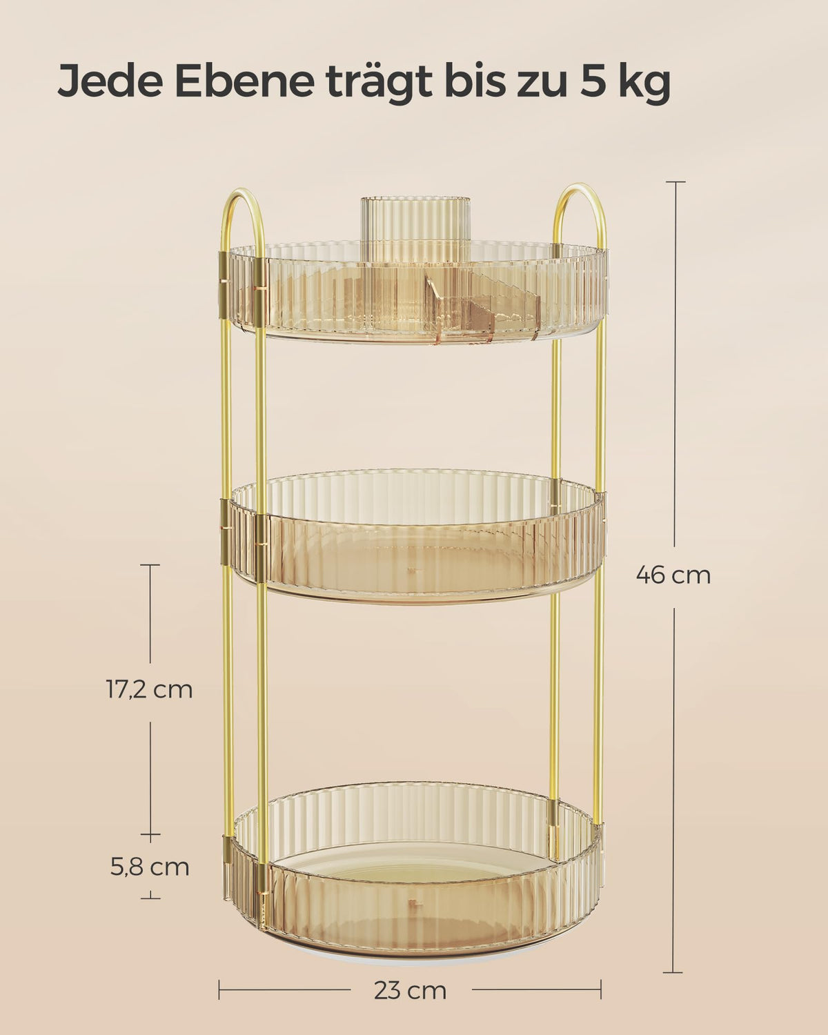 SONGMICS Rotating Makeup Organizer, Round Cosmetic Organizer, 3 Tiers, Adjustable Cosmetic Storage, for Dressing Table, Gift Idea, Champagne Gold JKA011A01