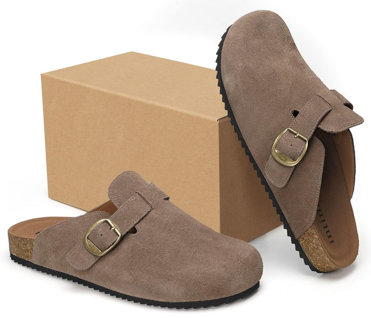 Men's and Women's Clogs and Mules Closed Toe Cork Leather Slippers Garden Shoes Sandals with Adjustable Buckle Comfortable Dark Brown 39