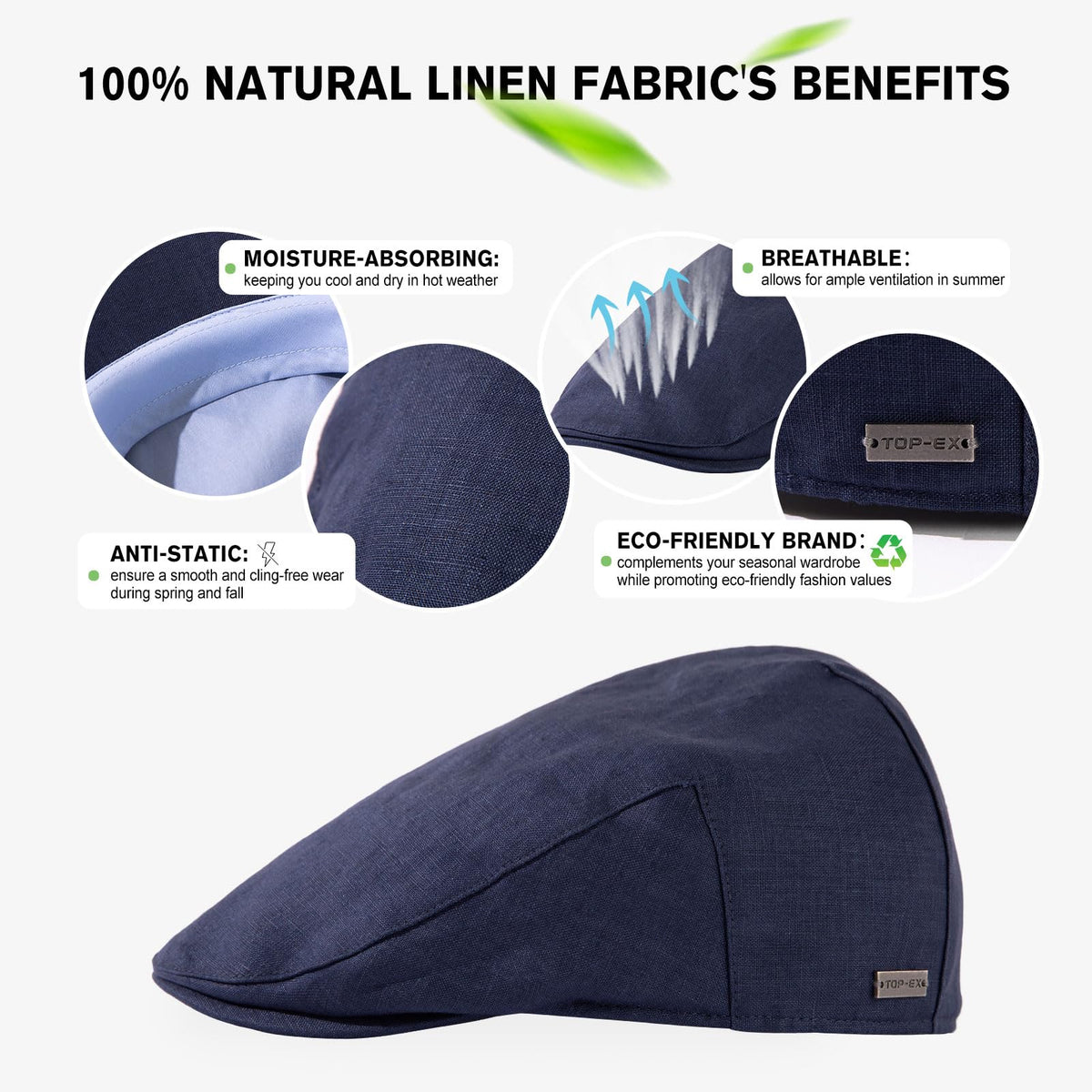 Șapcă bărbătească plată de vară din in 100% protecție UPF50+ – Bleumarin XXL
