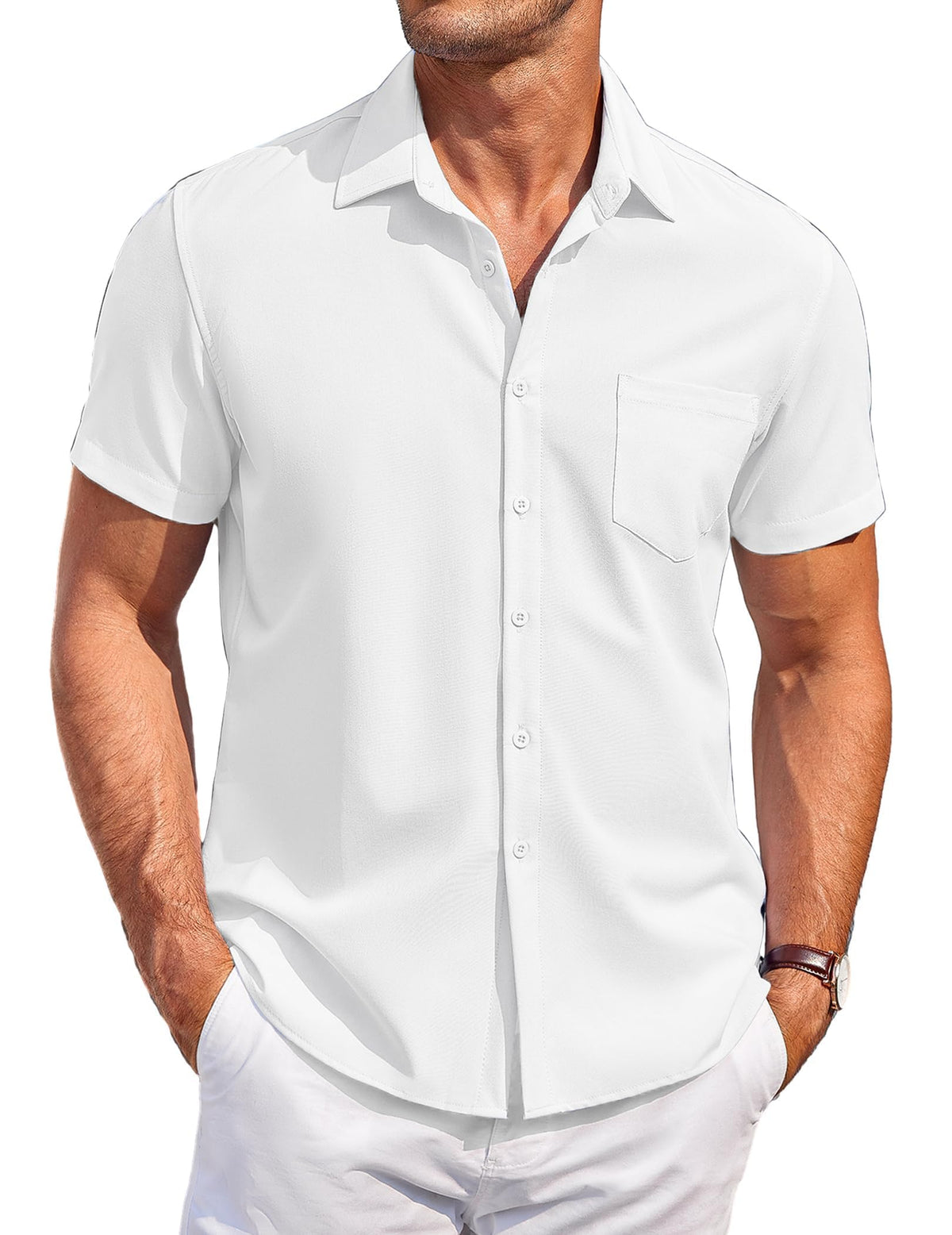Men's Short Sleeve Button-Down Casual Shirt Regular Fit with Pocket – White M