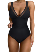 Women's V-Neck Mesh Tummy-Control Swimsuit with Cups Backless – Black XL