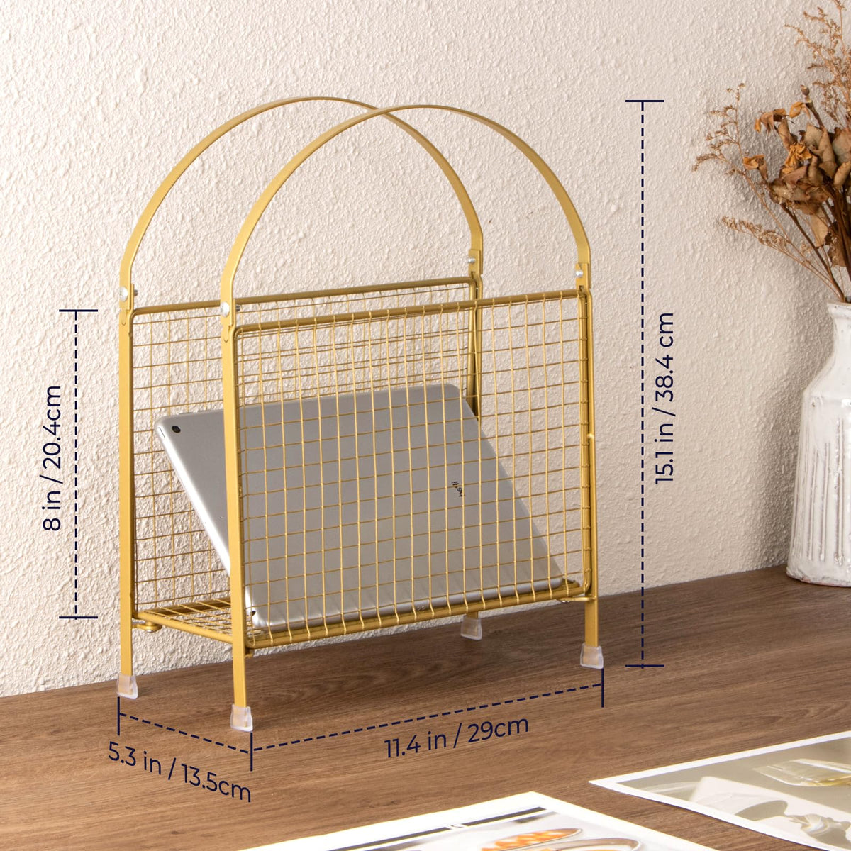 PUERSI Freestanding Magazine Rack, Modern Handbag Design, Metal Holder – Gold