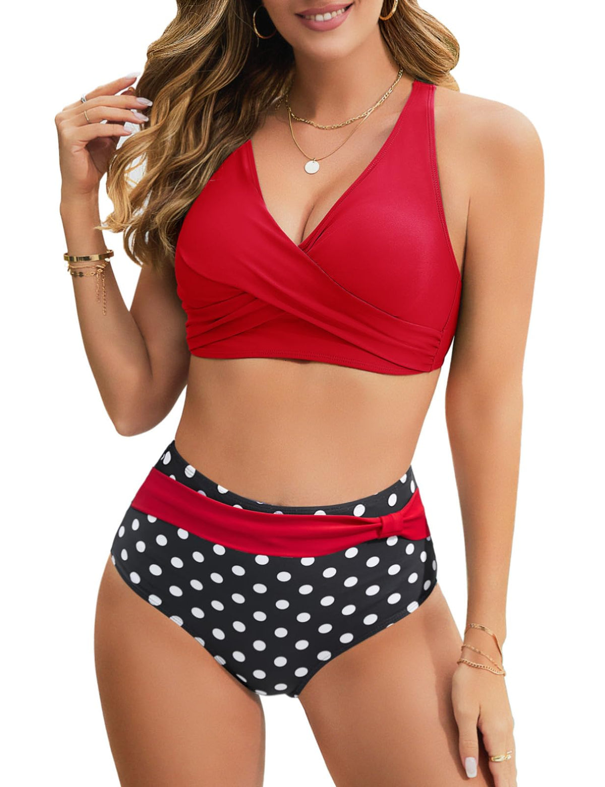 UMIPUBO Bikini Women's Set Tummy Control Large Breasts High Waist Push Up Bikinis Crossed V Neck Sexy Swimwear Tummy Control Swimsuit Beach Bikini (Red, XL)