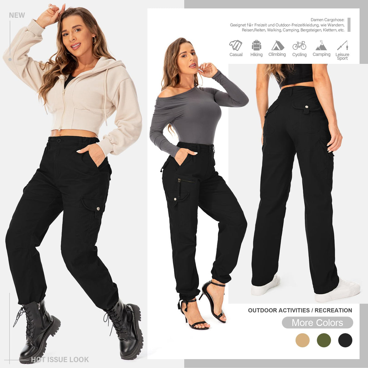 Pantaloni cargo damă din bumbac cu multiple buzunare yeyity stil militar trekking – Negru Mărimea 38