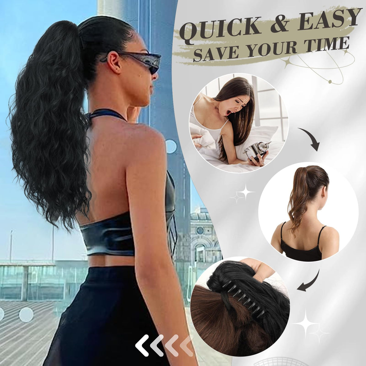 Claw Clip Ponytail Extension 45cm Curly Wavy Synthetic Hairpiece – Black Brown