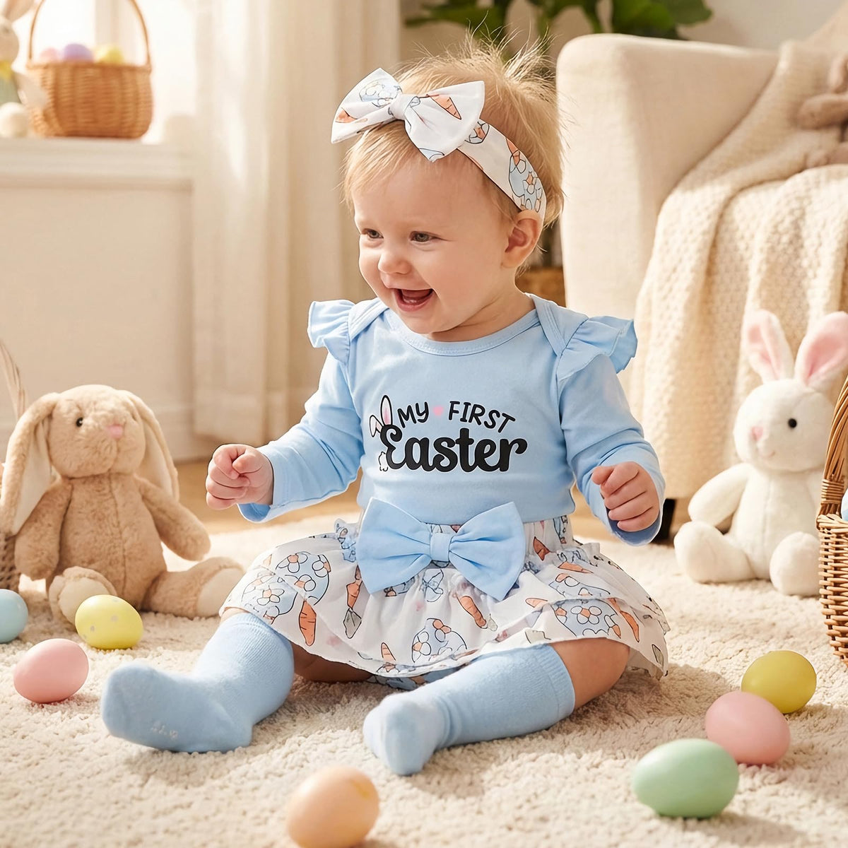 Baby Girl 0-3 Months Ruffled Romper & Tutu Outfit with Headband Photoshoot Set – Blue