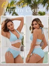 Women's High-Waist Halter Bikini Set Tummy Control Drawstring 2-Piece – Blue S