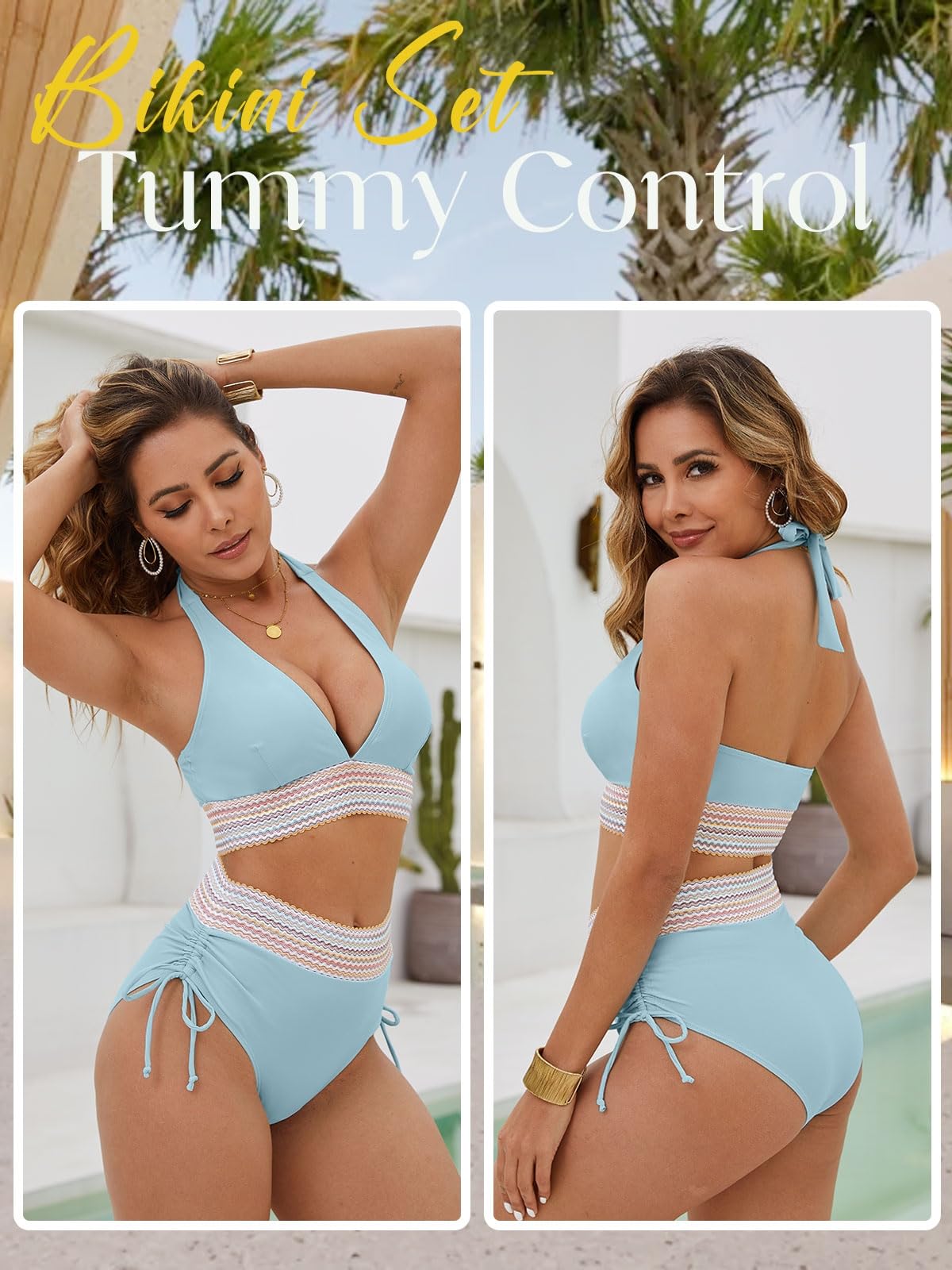 Women's High-Waist Halter Bikini Set Tummy Control Drawstring 2-Piece – Blue S
