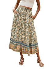 Women's Boho Elastic Waist Midi Skirt Floral with Drawstring Casual Flowy – Beige S