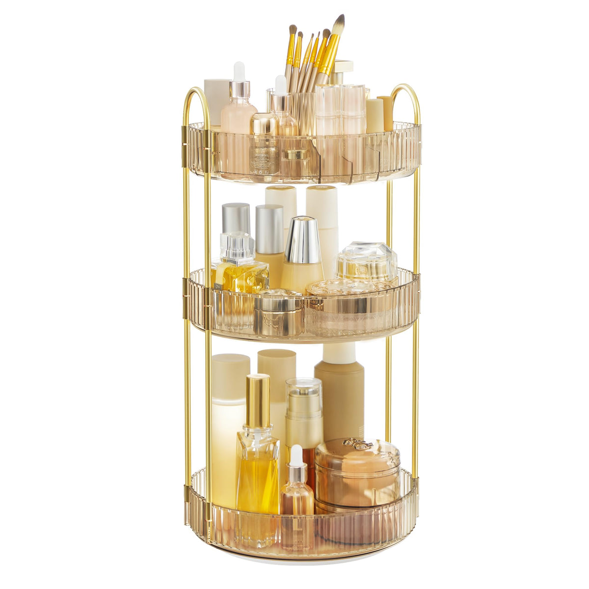 SONGMICS Rotating Makeup Organizer, Round Cosmetic Organizer, 3 Tiers, Adjustable Cosmetic Storage, for Dressing Table, Gift Idea, Champagne Gold JKA011A01