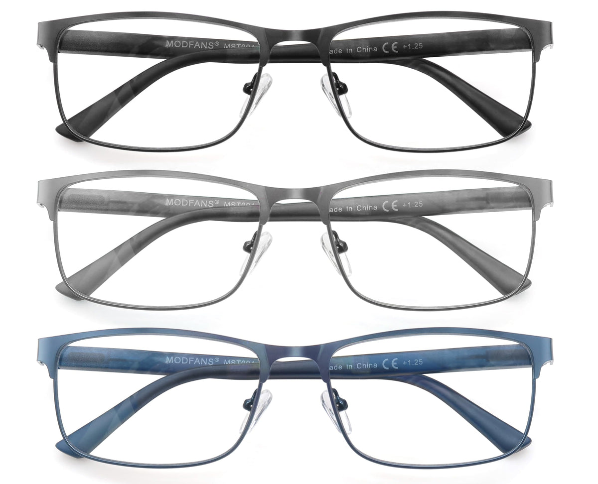 MODFANS 3 Pack Reading Glasses Men Blue Light Filter Metal Frame Rectangle Style Stainless Steel Material