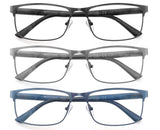 MODFANS 3 Pack Reading Glasses Men Blue Light Filter Metal Frame Rectangle Style Stainless Steel Material