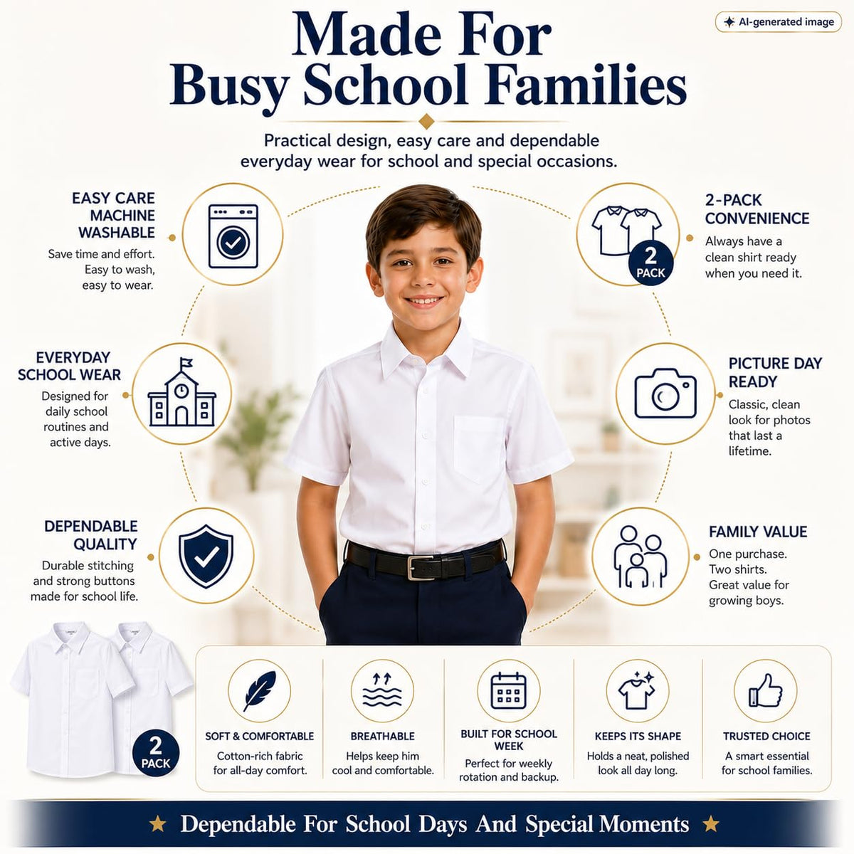 Boys' Dress Shirt 2-Pack Cotton School Uniform Formal – White Size 8