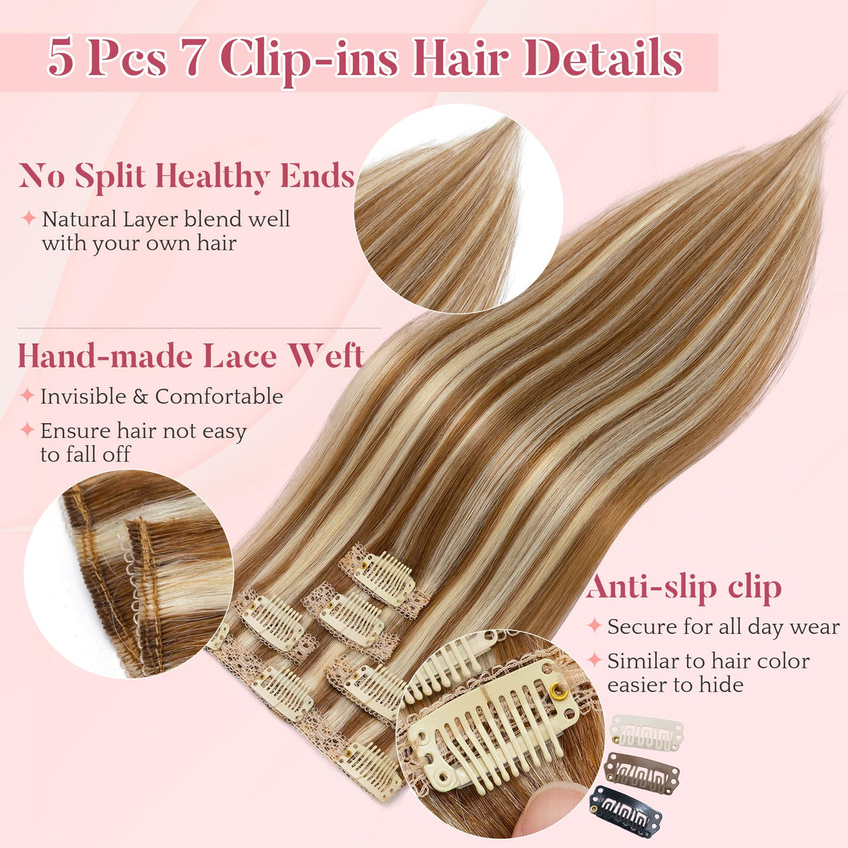Clip-in Human Hair Extensions Remy Real 5pcs 7-Clips – 25cm 6P613R