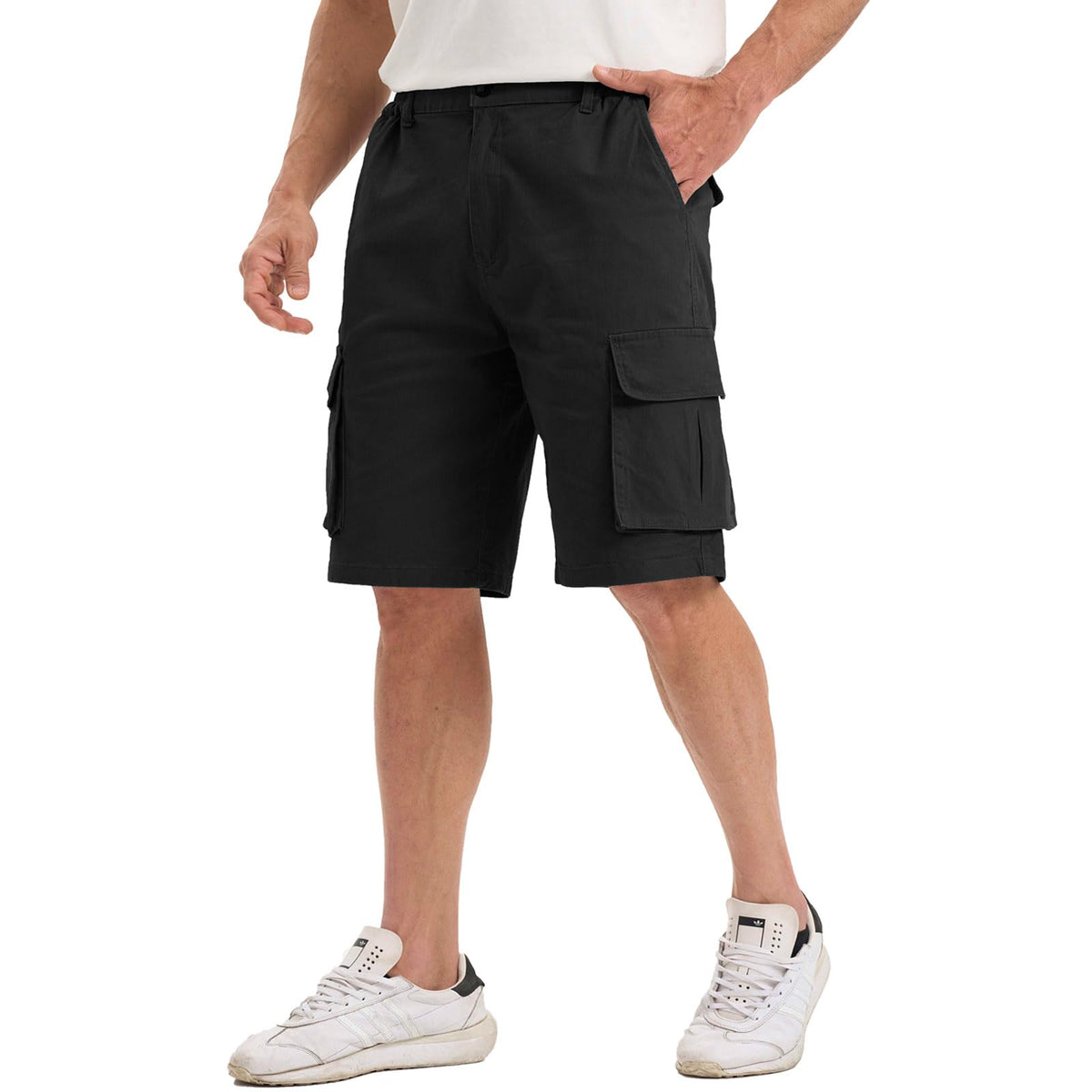 Men’s Cargo Shorts Cotton Chino Elastic Waist Pockets – Black S