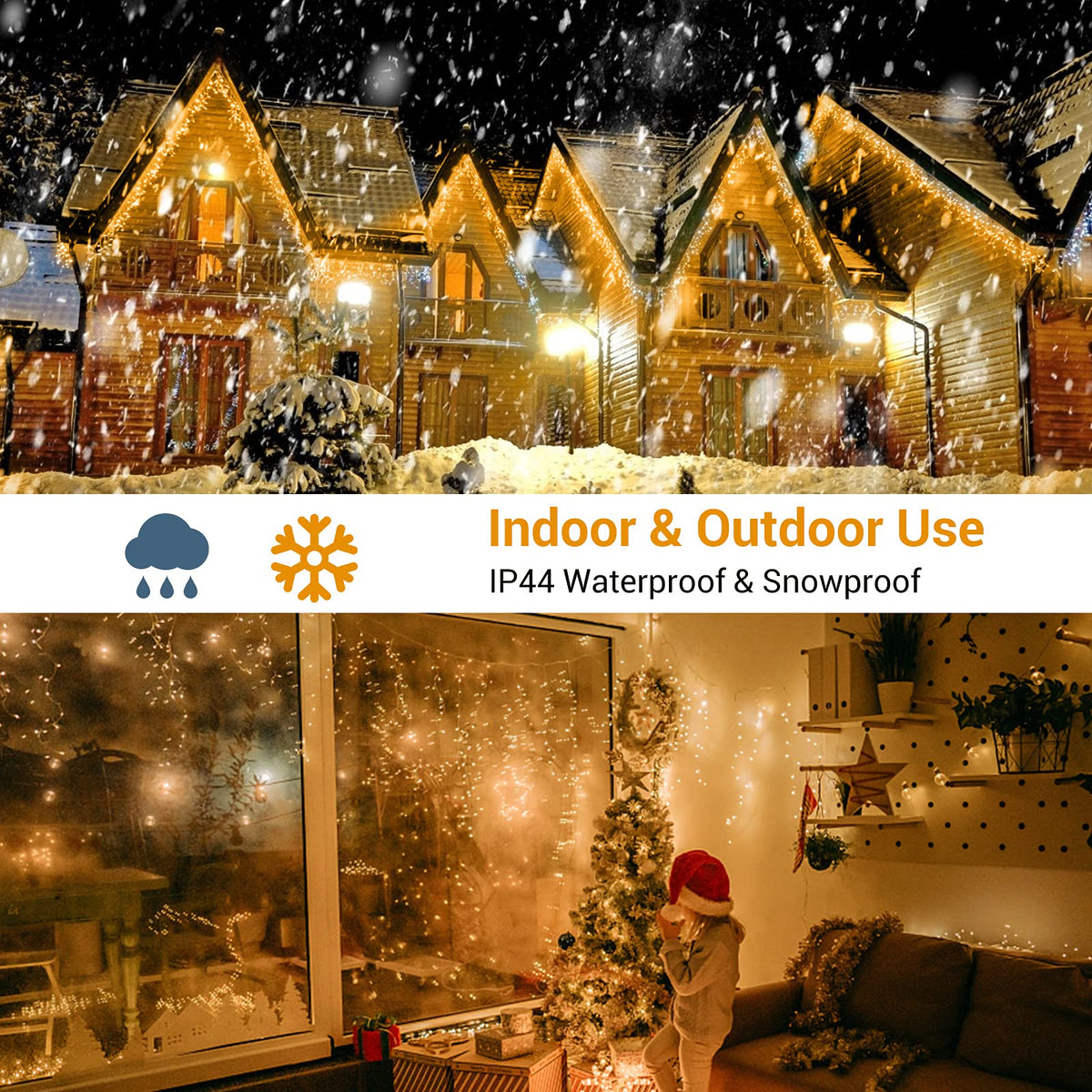 GlobaLink 400 LED fairy lights icicle, 10M light curtain outside extendable rain light chain icicle IP44 fairy lights outside and inside decoration for roof balcony Christmas party wedding - warm white