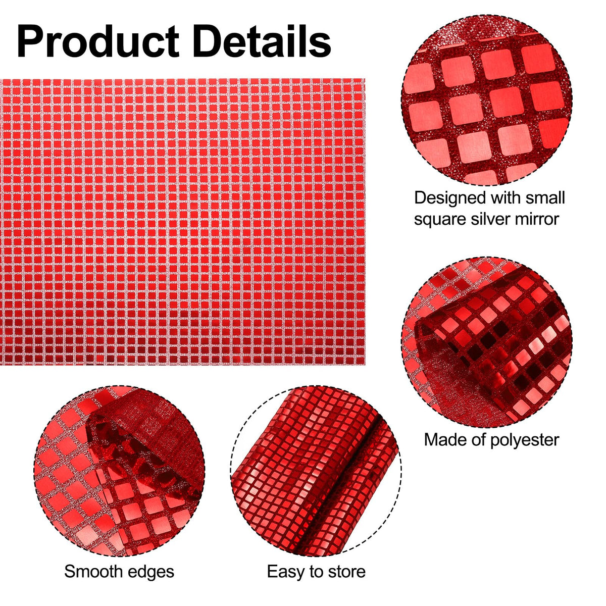 Shiny Mirror Placemats 6-piece Retro Square Glitter Table Mats - Red 11.8x17.7in