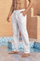 Pantaloni lejeri de vară din in pentru bărbați cu șnur – Alb 3XL