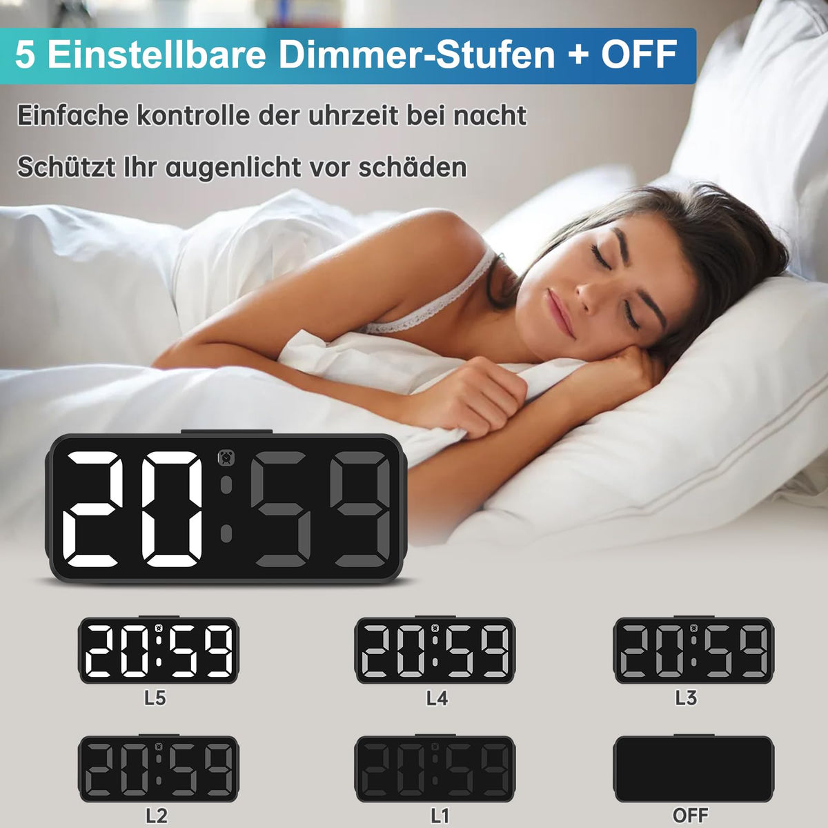 Digital Alarm Clock Silent Adjustable Volume – White