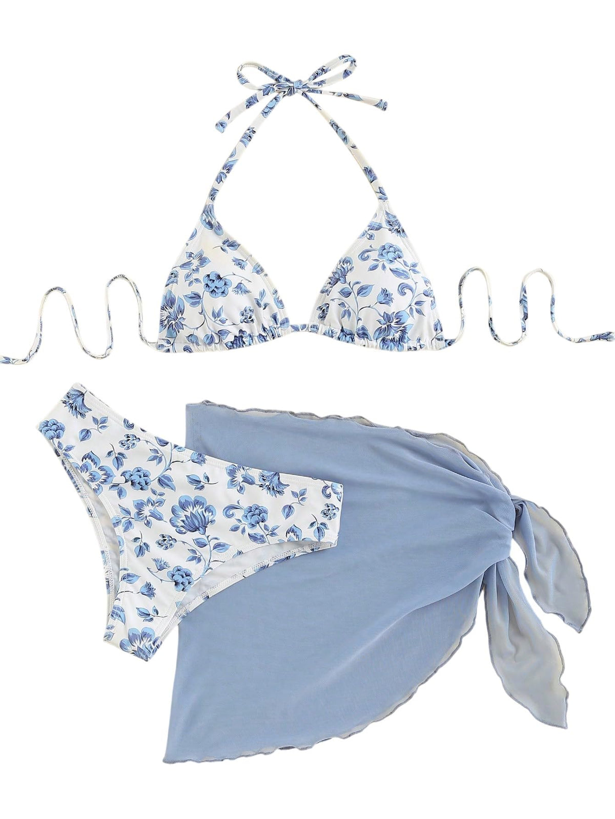 Set costum de baie damă din 3 piese GORGLITTER cu fustă pareo imprimeu floral – Albastru deschis M