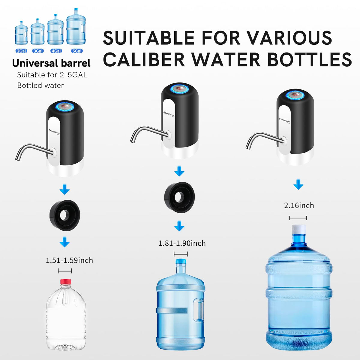 EASYSPEED Automatic Cold Water Dispenser, 1200mAh Electric USB Water Tap Pump, Portable Electric with 2 Adapters for 3, 5, 8, 10, 13, 15, 18 Liter Bottles and Carafes, Black