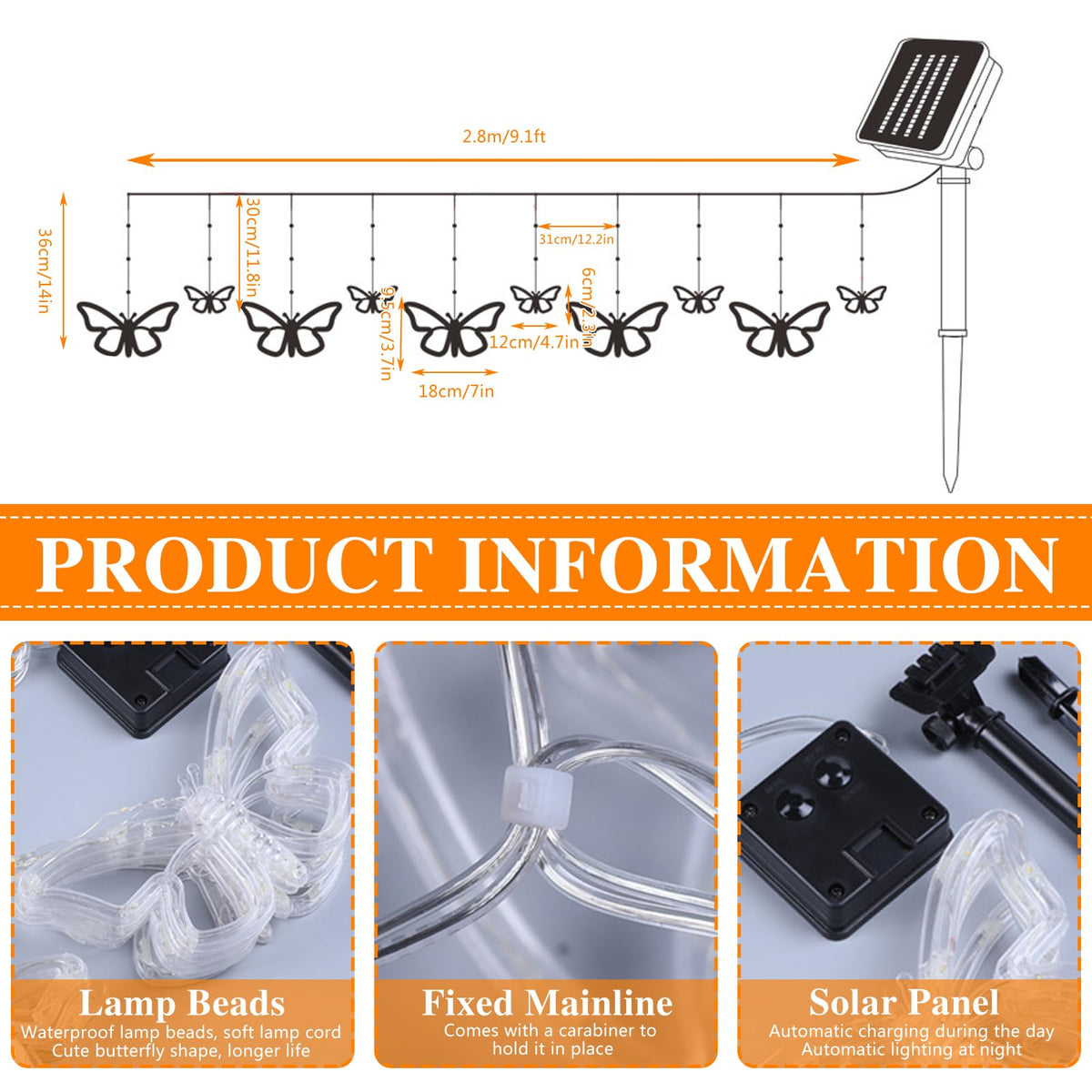 Butterfly Solar String Lights 120 LED Weatherproof Curtain with 8 Modes & Hooks – Warm White