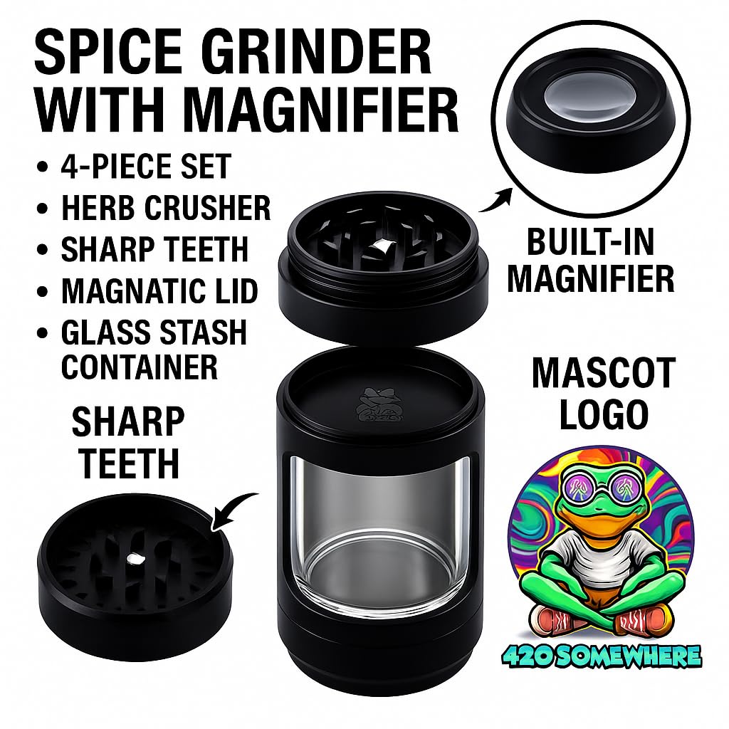 Manual Spice Grinder 4-piece Set with Glass Stash Portable Sharp Teeth Magnetic Lid