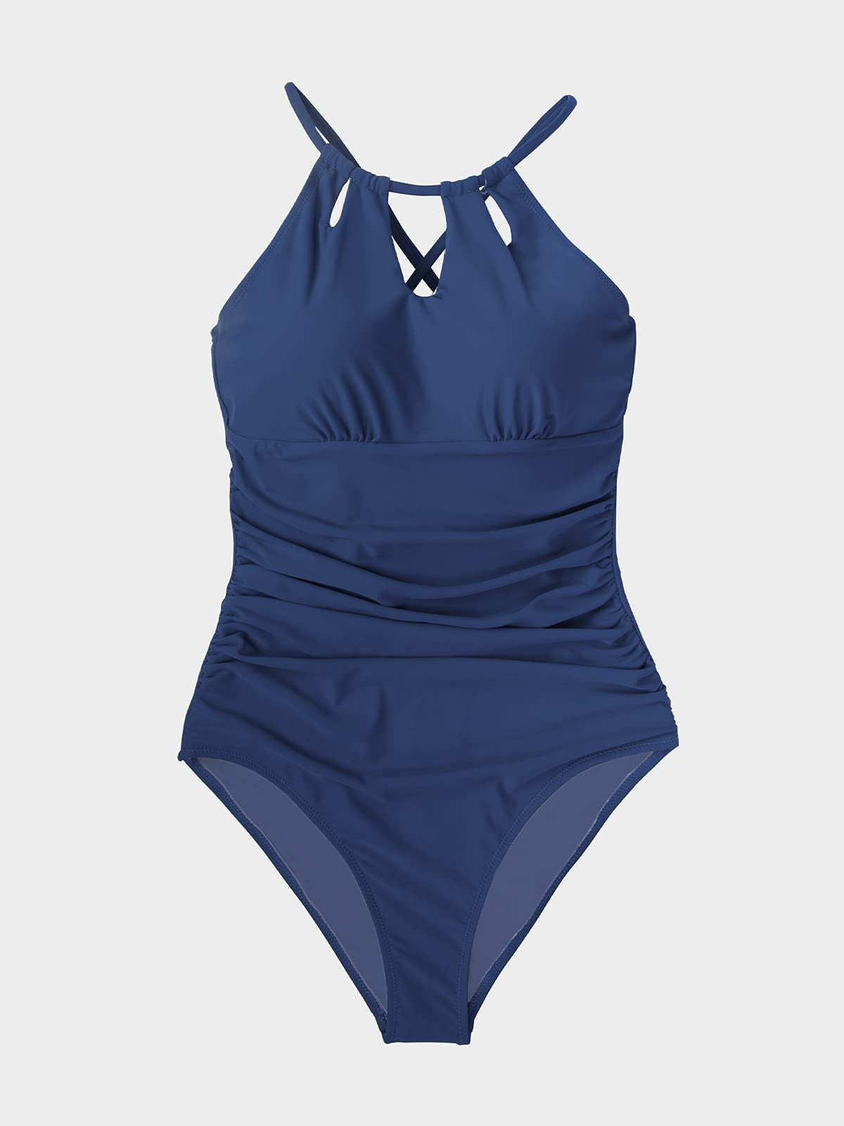 Costum de baie întreg damă cu gât înalt, decupaje și efect modelator – Albastru Yale XL
