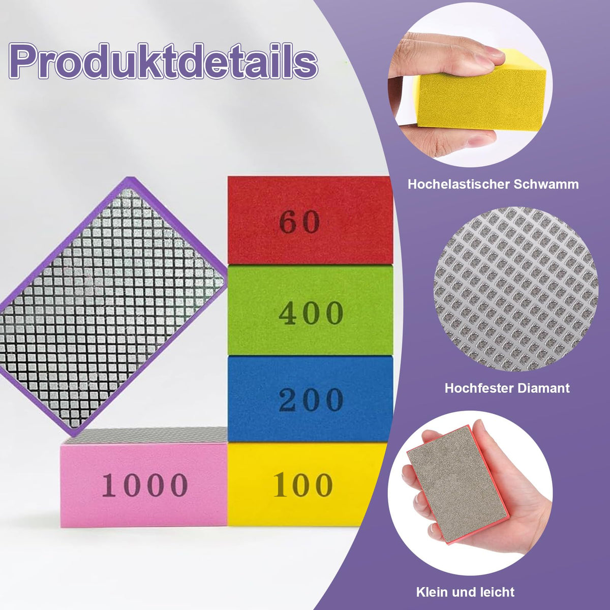 BORISCA 6 Piece Diamond Hand Grinding Pad Set, Glass Grinding Tile Grinding Blocks Polishing Pads Diamond Grinding Pad Diamond Grinding Block for Stone Ceramic Tiles Glass, 60#, 100#, 200#, 400#, 600#, 1000#