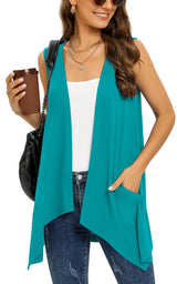 Women's Long Sleeveless Cardigan Open Front With Pockets Hi-Lo Hem – Teal L