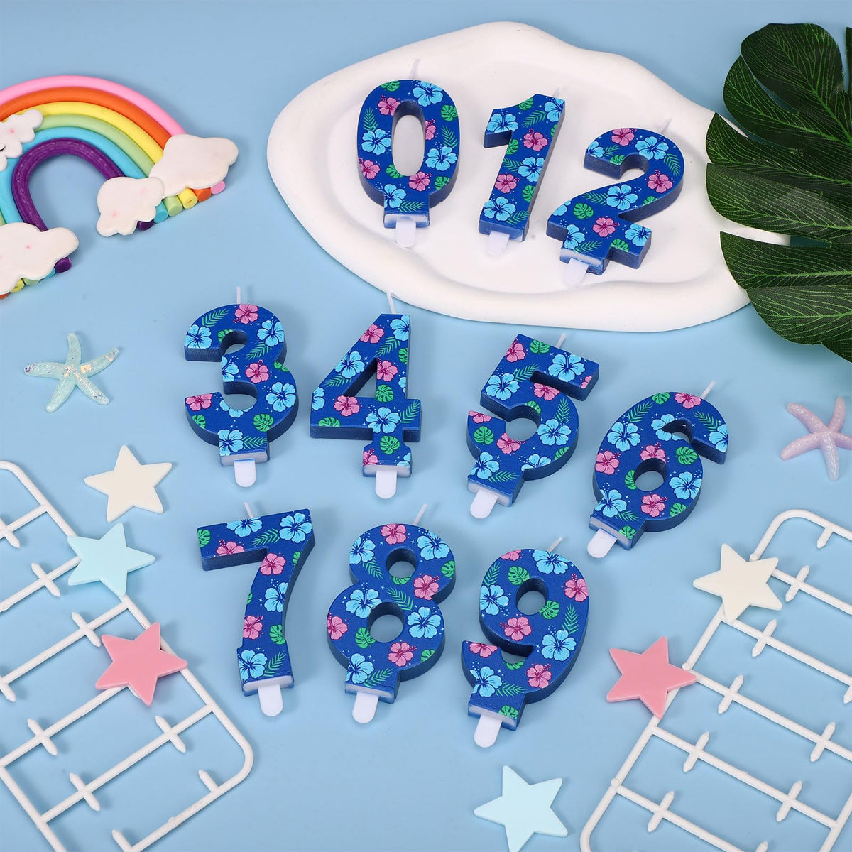 Birthday Number Cake Candle Hawaiian Floral Topper - Blue Number 2