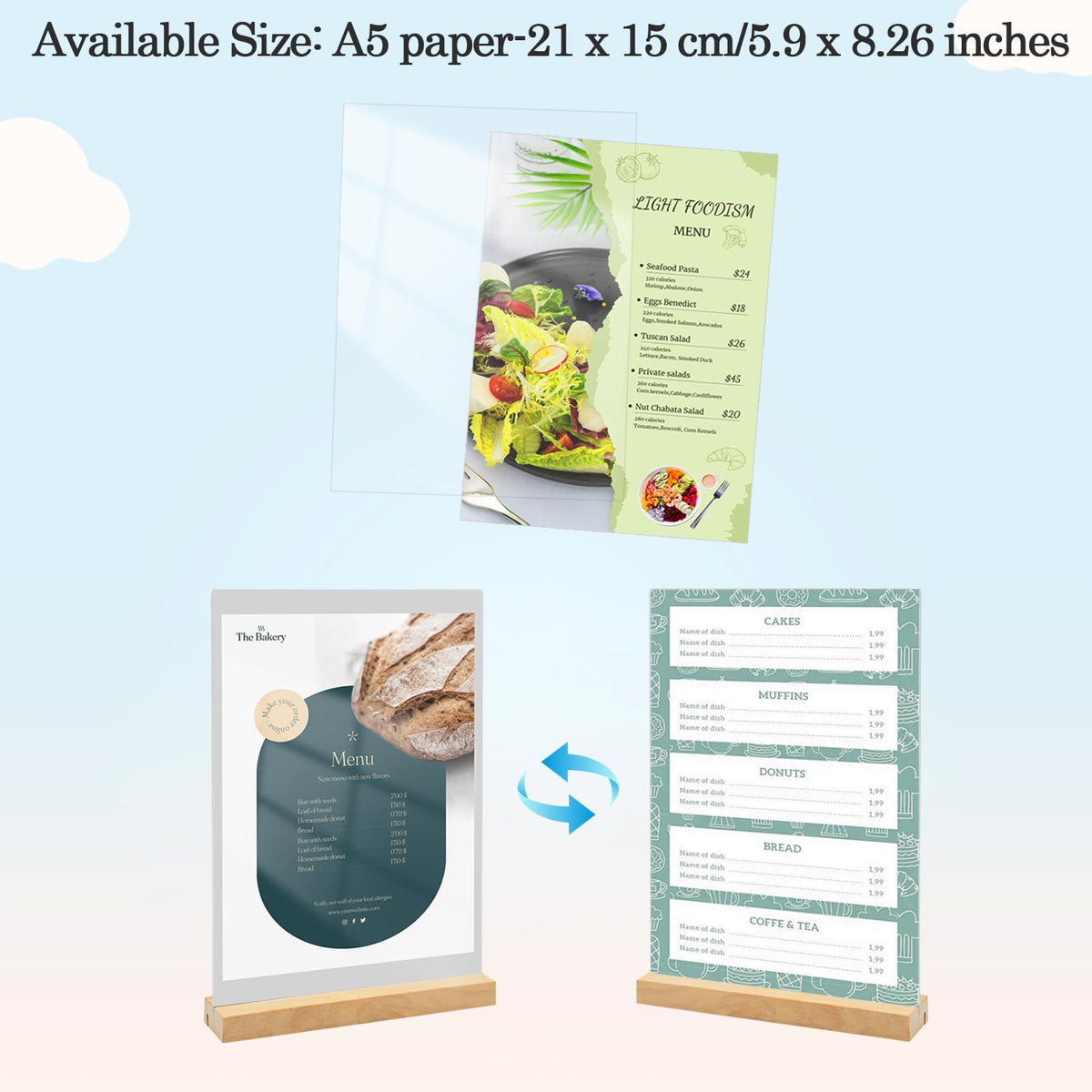 Suporturi meniu / afișaj acrilic A5 cu bază din lemn, set 6 bucăți – 15x21 cm