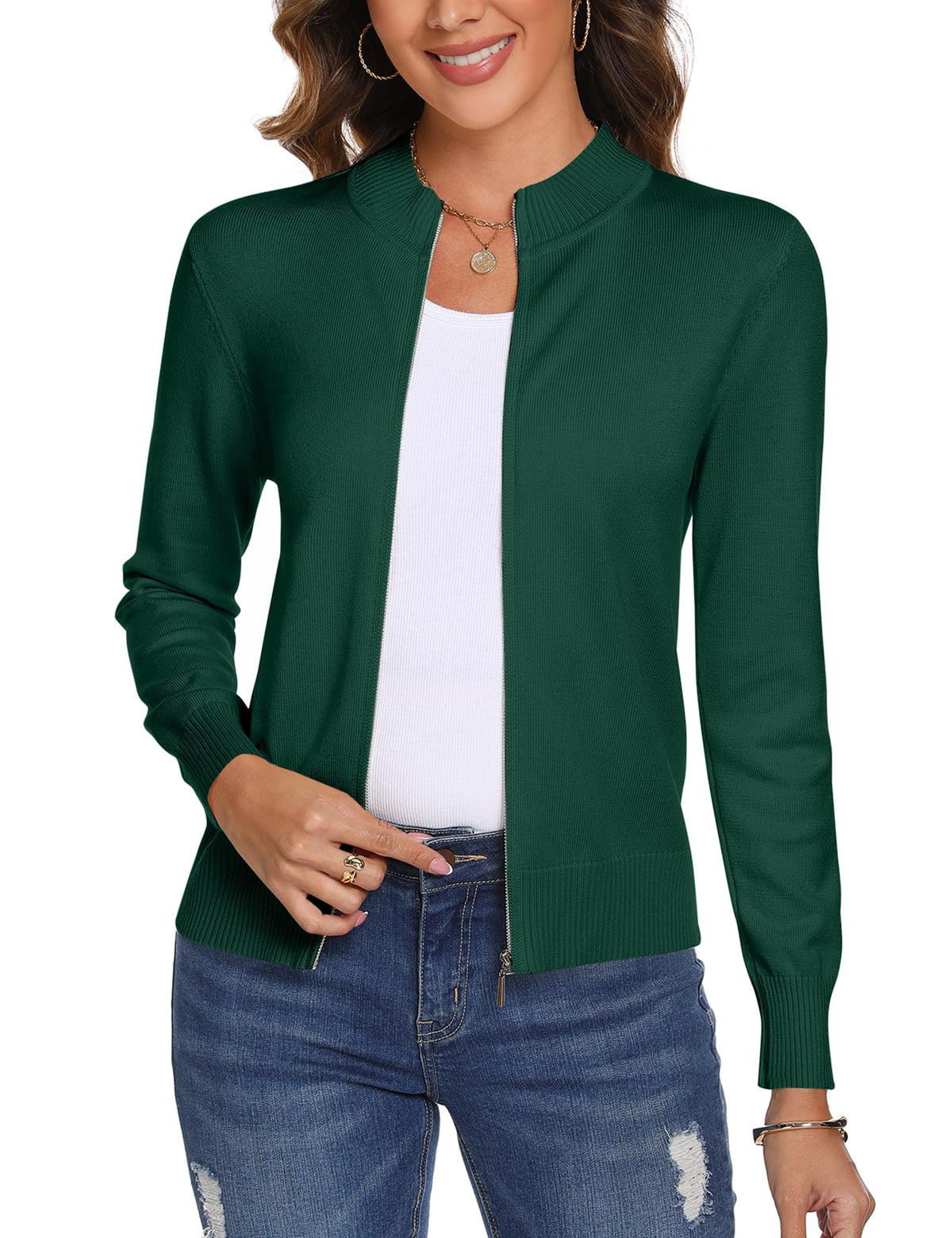Cardigan tricotat damă cu fermoar și mânecă lungă – Verde M