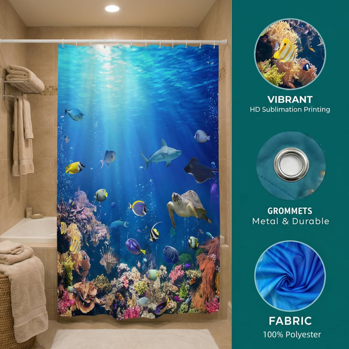 Shower Curtain 120x180cm Anti-Mould Waterproof Fabric Drops Ocean Fish – Light Blue