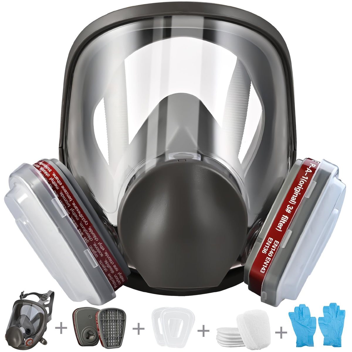 faburo Reusable Full Face Respirator, Face Protection Respirator with 10 Replacement Filters 5 Pairs Gloves for Paint Particles Dust Chemicals