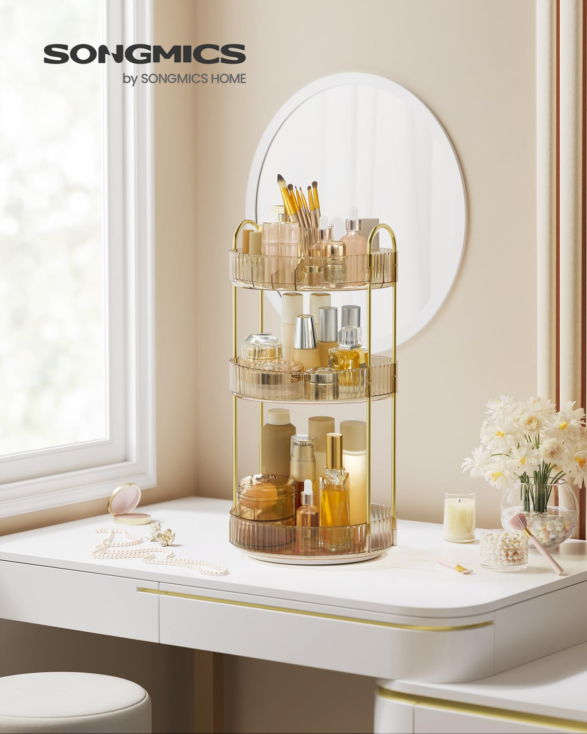 SONGMICS Rotating Makeup Organizer, Round Cosmetic Organizer, 3 Tiers, Adjustable Cosmetic Storage, for Dressing Table, Gift Idea, Champagne Gold JKA011A01